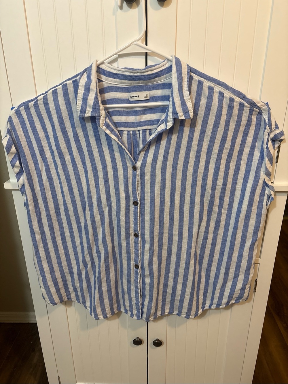 Sonoma Blue White Striped Button Up Top 2X Coastal Grandma Cottagecore Beachy